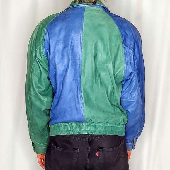 80s color block leather vintage bomber jacket - Picture 3 of 7